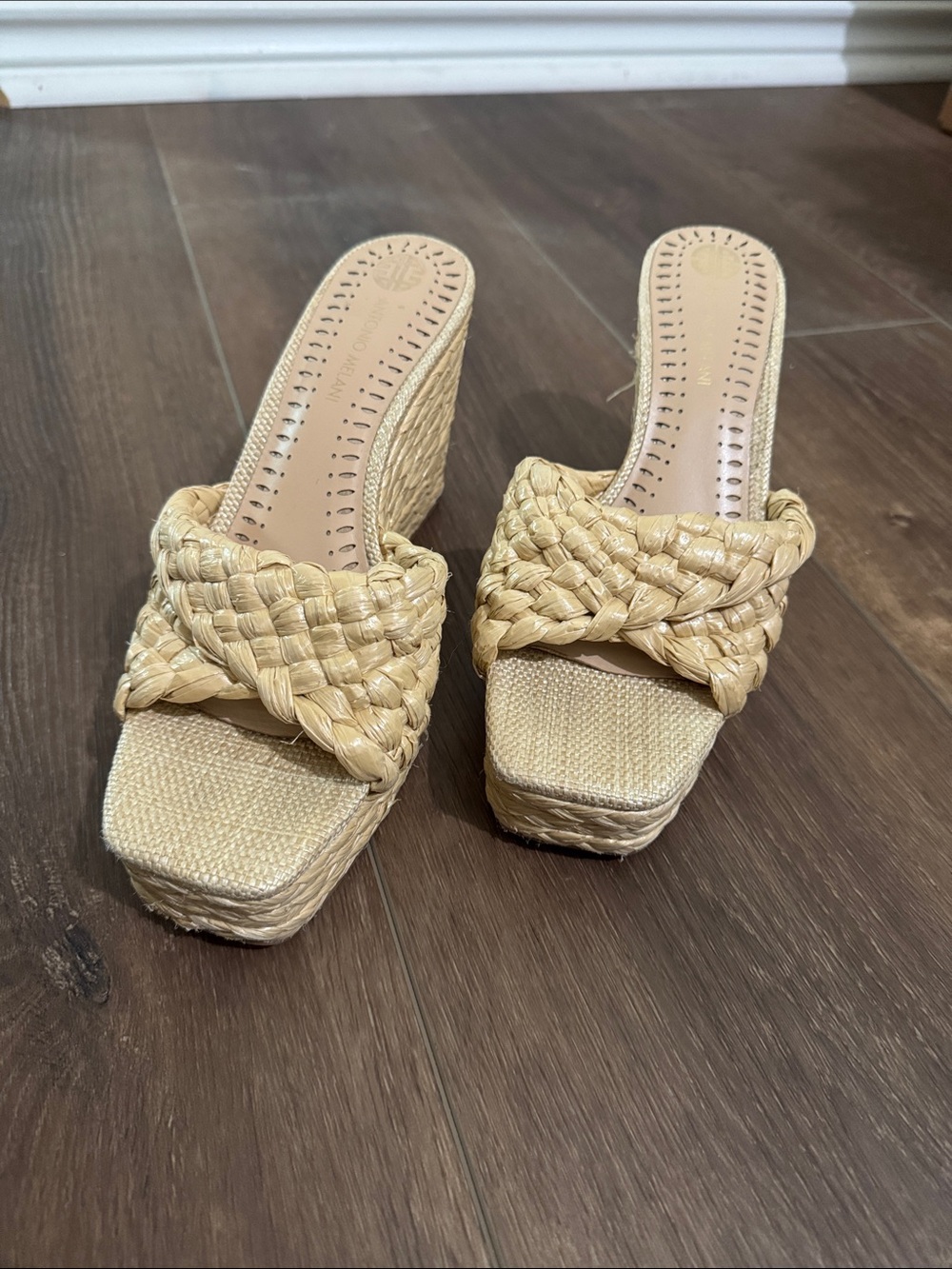 ANTONIO MELANI Natural Braided Woven Slide Wedge Sandals